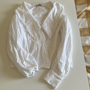 Zara White Athflow Blouse Shirt With Big Sleeve & Collar XS 24